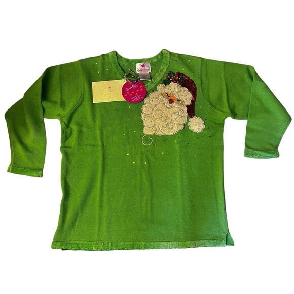 Quacker Factory Green Christmas V-Neck Sweater - Sequin Santa Claus - 1X - NEW - Picture 1 of 16